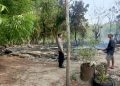Personel Polsek Dewantara mengamankan lokasi kebakaran rumah kayu di Desa Keude Krueng Geukueh, Aceh Utara
